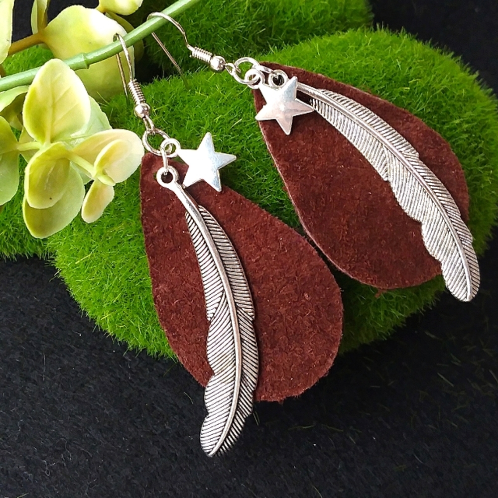 Leather feather star cutout earrings